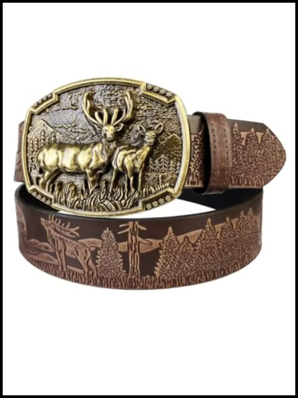 Western Belt for Men Women Cowboy Cowgirl Leather Belt with Deer Buckle for